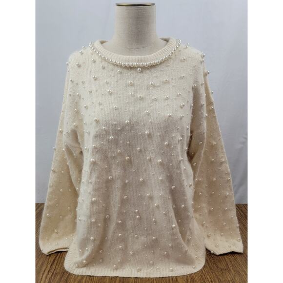 Vintage The Glory B Pearl Beaded Sweater Silk Angora Lambswool 80s Classic L - Picture 1 of 9